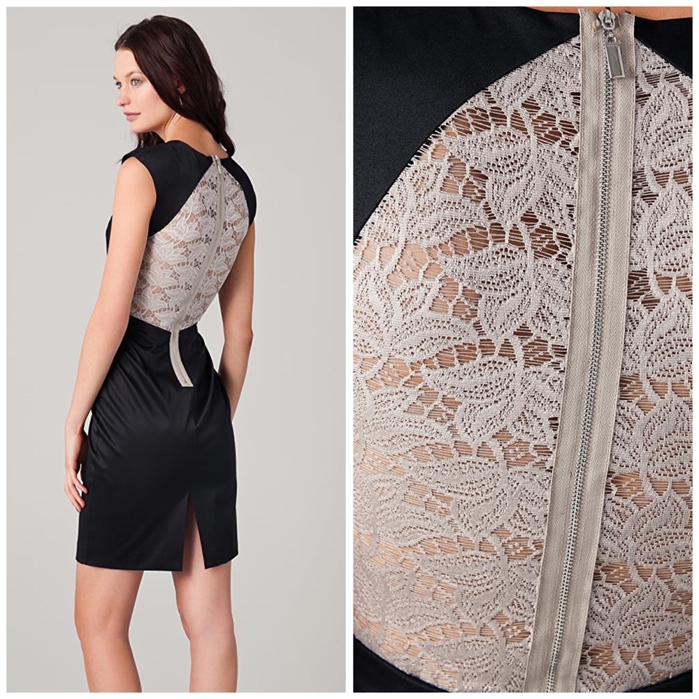 Black Halo Contrast Lace Inset Satin Sheath Dress - Picture 5 of 11